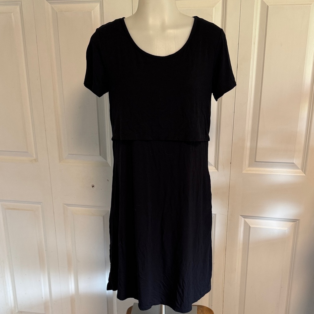 Kindred Bravely Black Short Sleeve Layered Nursing Midi Dress
